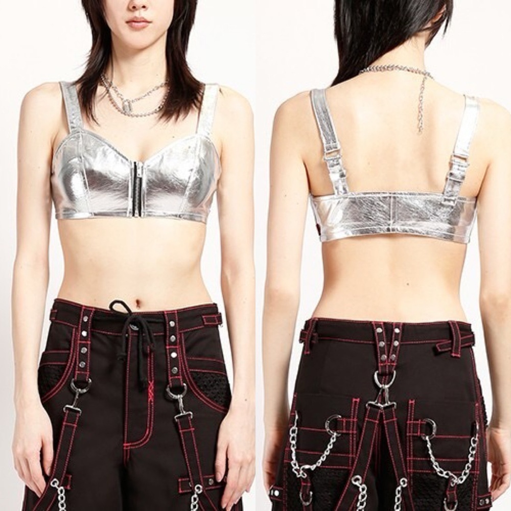 Tripp NYC Top Women Large Crop Faux Leather Bustier Rave Goth Metallic Silver